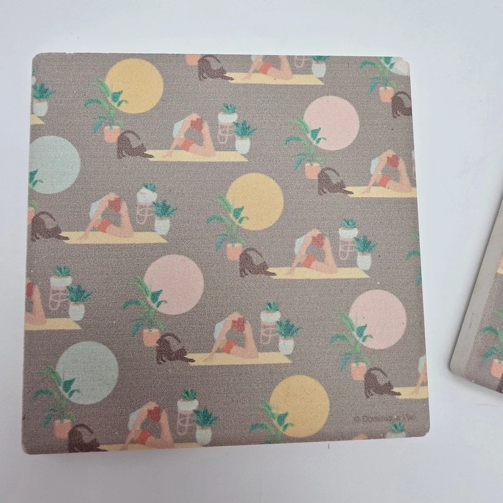 Yoga Cat Absorbent‎ Stone Coasters Set of 4 Cream Grey Cork Back Bohemian Decor